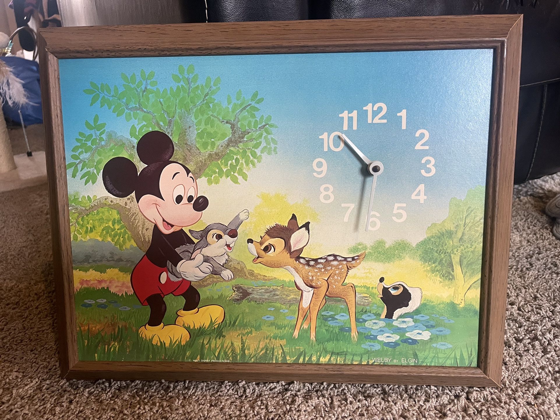 Vintage Walt Disney Welby By Elgin Mickey Mouse Clock W/Bambi Thumper & Flower