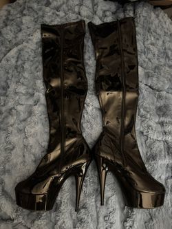 6” Black Latex Knee High Stiletto Boots