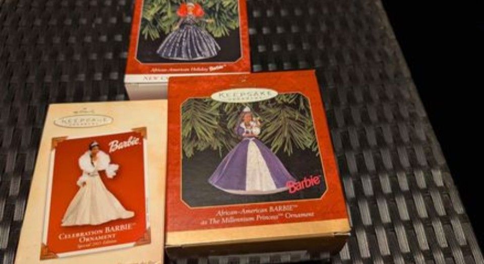 Set of three vintage Hallmark black/African American Barbie ornaments, unopened, new in box NIB