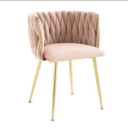 Dining Chair/Modern Velvet Living Room Chair, Hand Woven Accent Chair, Lounge Chair with Gold Metal Legs for Dining Room Living Room Kitchen (Pink)