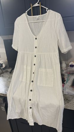 New White Button-Up Pocket Dress Check More Picture 