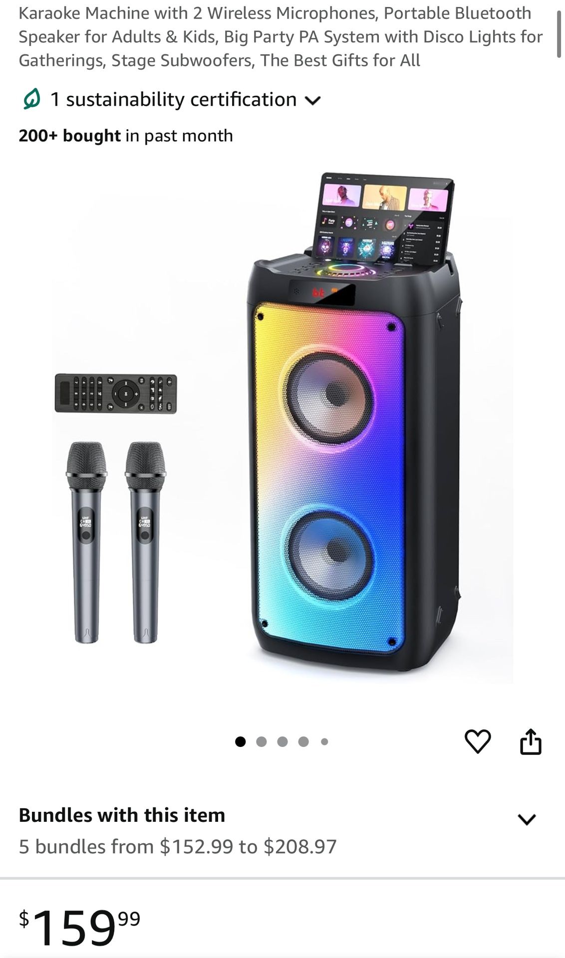 Karaoke Machine with 2 Wireless Microphones, Portable Bluetooth Speaker
