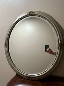 Vintage matte silver oval beveled mirror