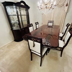 Dining Room Set, Curio Cabinet, Chandelier, Dining Table, and Corner Curio Cabinet With Vintage Doll 
