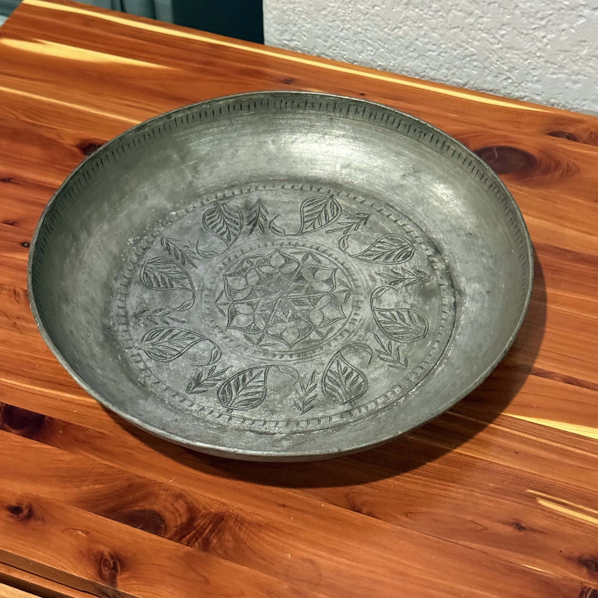 Vintage Hand-Engraved Persian Tinned Copper Tray • 10”