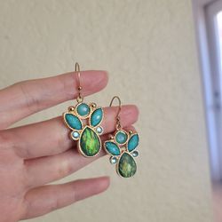 Macy's turquoise jade blue green gold tone chandelier earrings