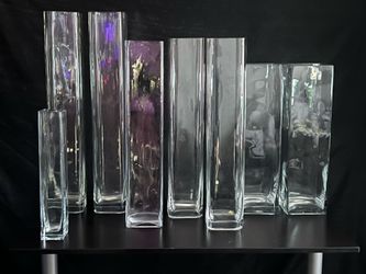 Glass tall square vases. Wedding and luxury event decor. Set of 8