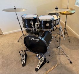 In Upland 91784. Borg complete 5 piece drum set 22 12 13 16” snare 10 lug nee quiet cymbals stand throne new double pedal $335 cash in Upland 91784