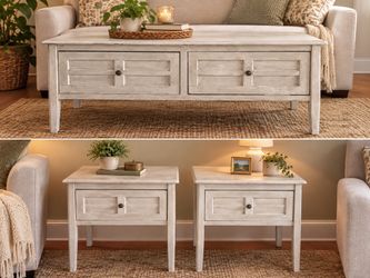 Solid Wood Farmhouse Coffee Table + 2 End Tables – Refurbished