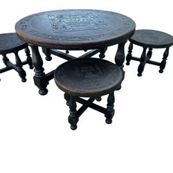 Angel Pazimo Leather & Wood Coffee Table With 4 Chairs, Aztec design 17"