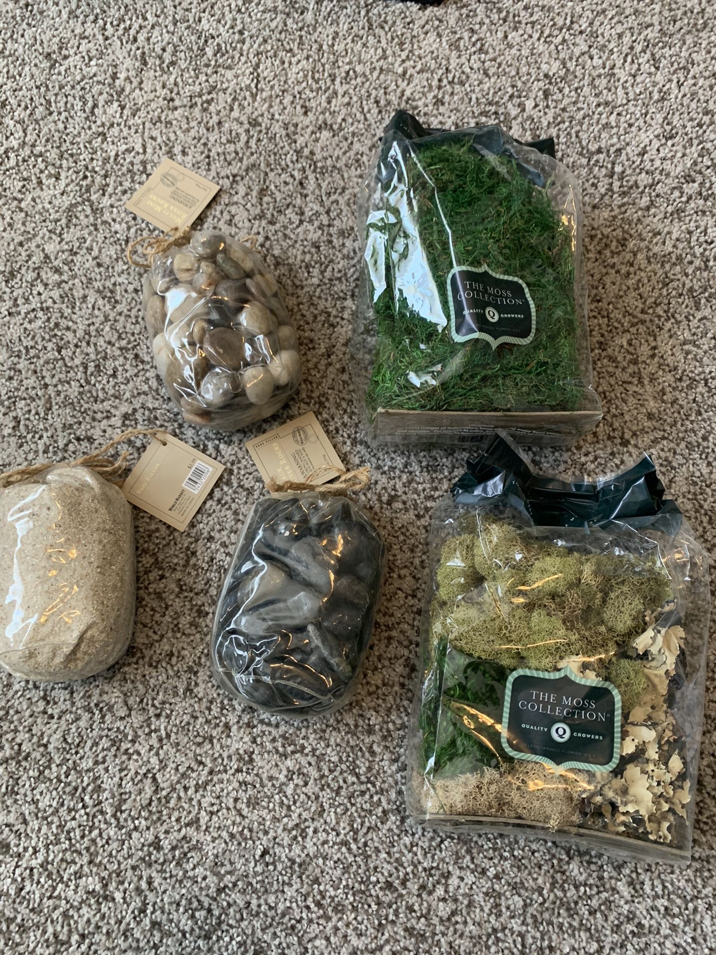 Terrarium supplies, moss, stones, sand - DIY