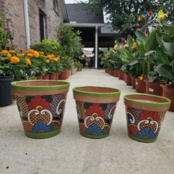 Talavera Green Terracota Rim Set Of 3 Vases. Clay Pots, Planters,Plants, Pottery. $75 cada set de 3