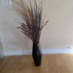 Hammered Metal Vase With Dried Flowers. Vase 16 Inches Tsll.