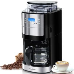 skyehomo 12 Cup Drip Coffee Maker with Built-In Burr Coffee Grinder, Programmable Coffee Machine with Timer, Glass Carafe, Reusable Filter, Warming Pl