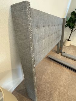 King Bed Frame - Grey Upholstered Wingback Headboard with Nailhead Trim