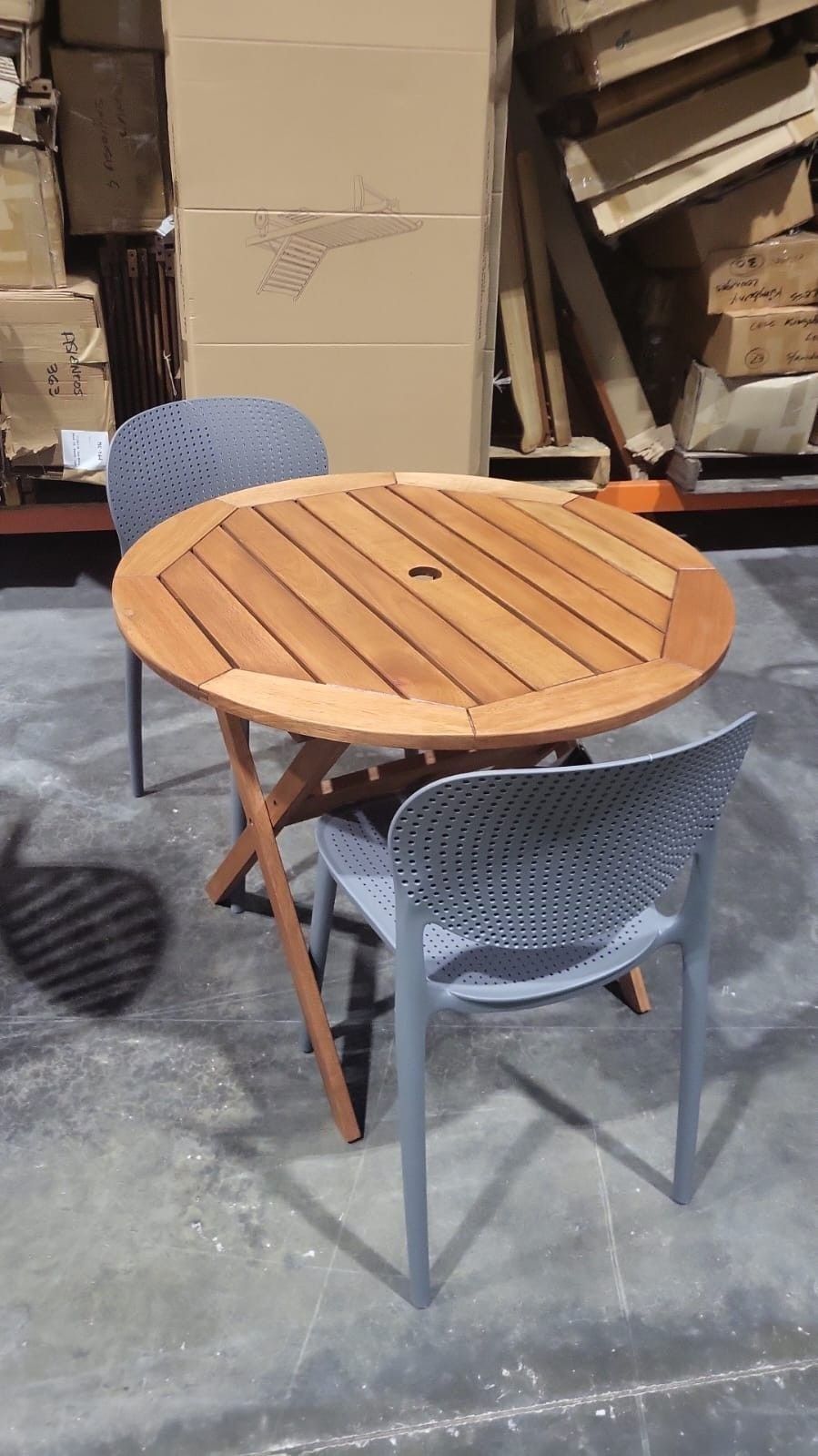 BRAND NEW BISTRO TABLE 35" WITH 2 RECYCLED RESIN STACKABLE CHAIRS
