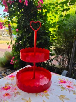 Red 2-Tier Metal Tray with Heart Handle – Valentine Decor