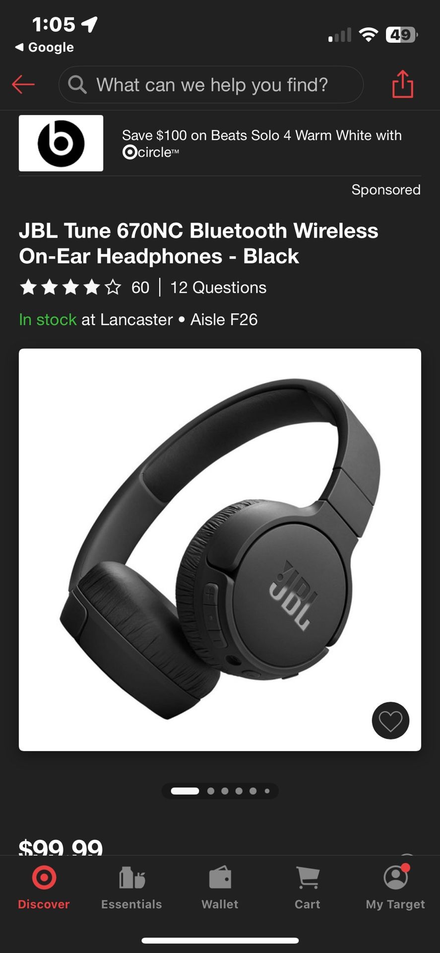 JBL Tune 670NC Bluetooth Wireless On-Ear Headphones - Black