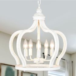 New White Farmhouse Wood Chandelier, 5-Light Wood French Country Chandelier for Dining Room Rustic Pendant Light Fixture for Kitchen Island Living Roo