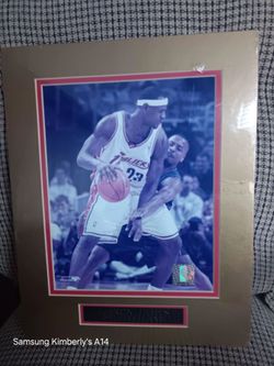 This image shows a framed photo of basketball player LeBron James in his early Cleveland Cavaliers uniform.

The framed collectible appears to feature