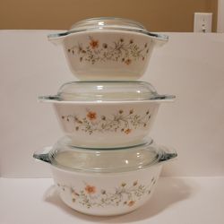 Vintage 3 Set Pyrex Emily's Spring Garden Casserole Dishes With Lids