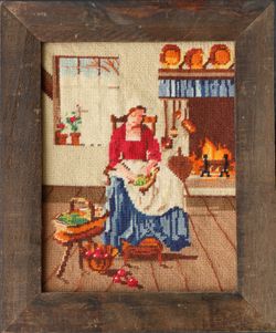Country housewife vintage framed needlepoint tapestry original artwork fine art