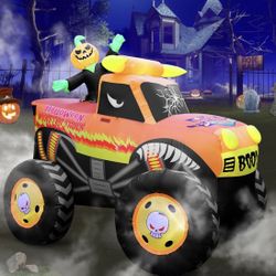 8FT Halloween Inflatable Pumpkin Monster Truck, Halloween Blow Up Yard Decorations Built-in 8 LED for Halloween Inflatable Outdoor Decoration Home Par