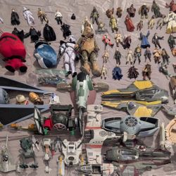Bundle of 60+ Star Wars figures, 13 vehicles, 3 plushies, 2 12" figures and lots of accessories.