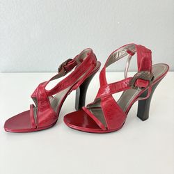 Costume National Red Leather 4.5” Block Heels Sandals Shoes Womens 38 US 8 Italy