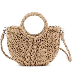 New Mini Semi-circle Rattan Straw Bag, Hand-woven Women Summer Retro Beach Tote Shoulder Bag Crossbody Travel Beach Bag