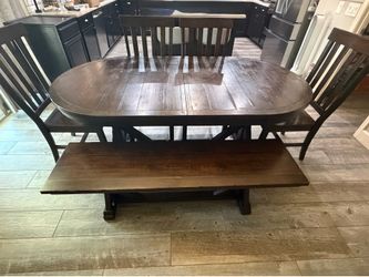 Dining room table with 4 chairs and wood bench
