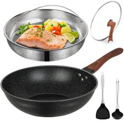 AOSION 13'' Nonstick Wok, Woks & Stir-Fry Pans Non Stick Wok with Lid and Steamer Basket Spatula Ladle, 100% PFOA Free Induction Wok Pan for Electric,