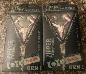 2 Zipper Earphones Glow In The Dark Super Bass New in Box