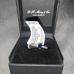 Heart Shaped Blue Sapphire w/Lab Created 1/4 Diamonds Silver Ring