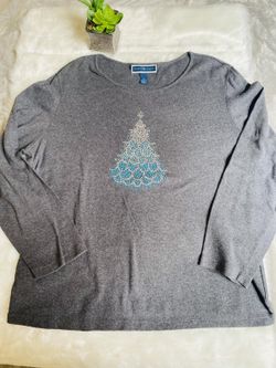 Karen Scott Gray Beaded Christmas Tree Sweater XL