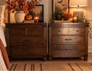 Set of 2 Rustic Wood Nightstands with Built-In Charging Outlets – 3 Drawer Bedside Tables