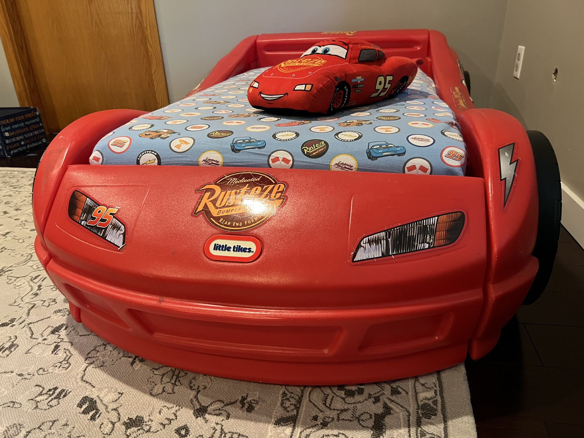 Lightening McQueen Toddler Bed Frame, Brand new Mattress. Sheet/comforter Set And stuffy
