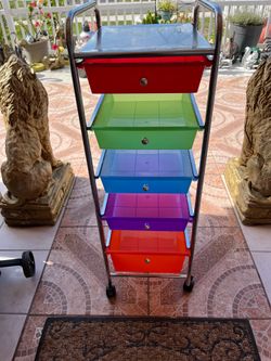 Colorful 5-drawer chest in good, clean condition; measures 37 inches high and 12 1/2 inches wide.