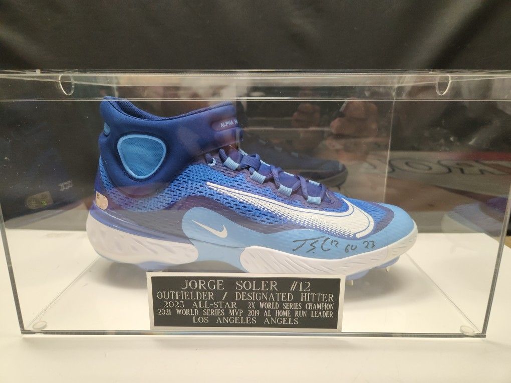 Angels Jorge Soler Signed, Inscribed, Game-Used, MLB-Certified Cleat In Display Case 