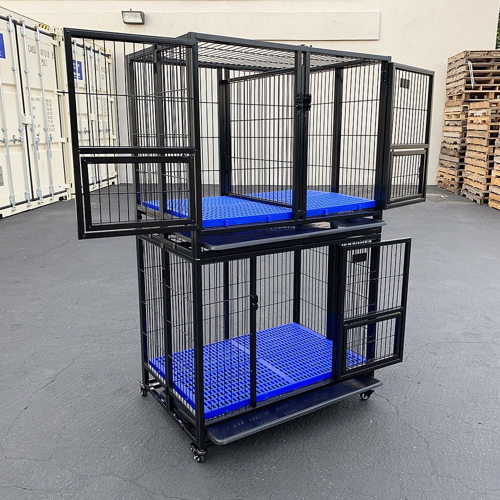 $250 (New) Set of (2) stackable dog cage 37x25x64” heavy duty folding kennel w/ plastic tray 