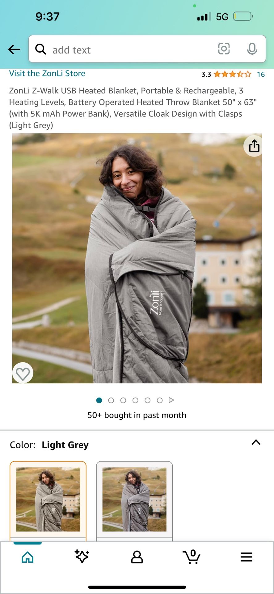 ZonLi Z-Walk USB Heated Blanket, Portable & Rechargeable, 3 Heating Levels, Battery Operated Heated Throw Blanket 50" x 63" (with 5K mAh Power Bank), 