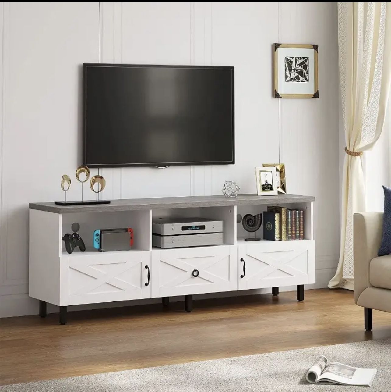 Modern TV Stand for 70/65/60/55 inch, Boho Wood TV Table Farmhouse Media Console with Storage Cabinet and Open Shelves
