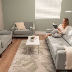 Light Blue Velvet Sofa + 2 Oversized Chairs – Excellent Condition