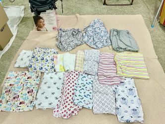 10 baby swaddles cotton and muslin, 3 nursing covers, 4 baby blankets, all for $18 