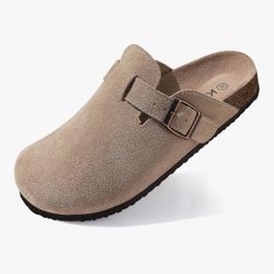 KIDMI Women's Suede Clogs Leather Mules Cork Footbed Sandals Potato Taupe  9-9.5