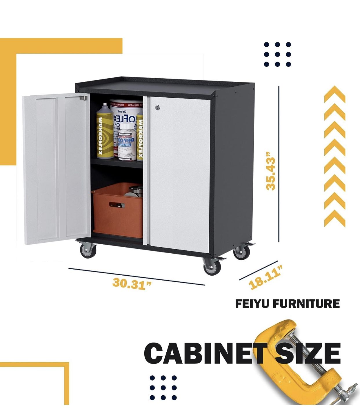 Metal Storage Cabinet with Wheels, Mobile Garage Cabinet with Locking Doors and One Adjustable Shelf, Lockable Storage Cabinet for Utility Room, Home,