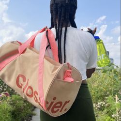 Glossier Duffle Beauty Bag/Tote (Medium Brown Pink Desert Rose) Zip Canvas NEW !