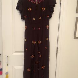 Free People Jumpsuit Cleo Embroidered Wide Leg Wine Boho Size 10