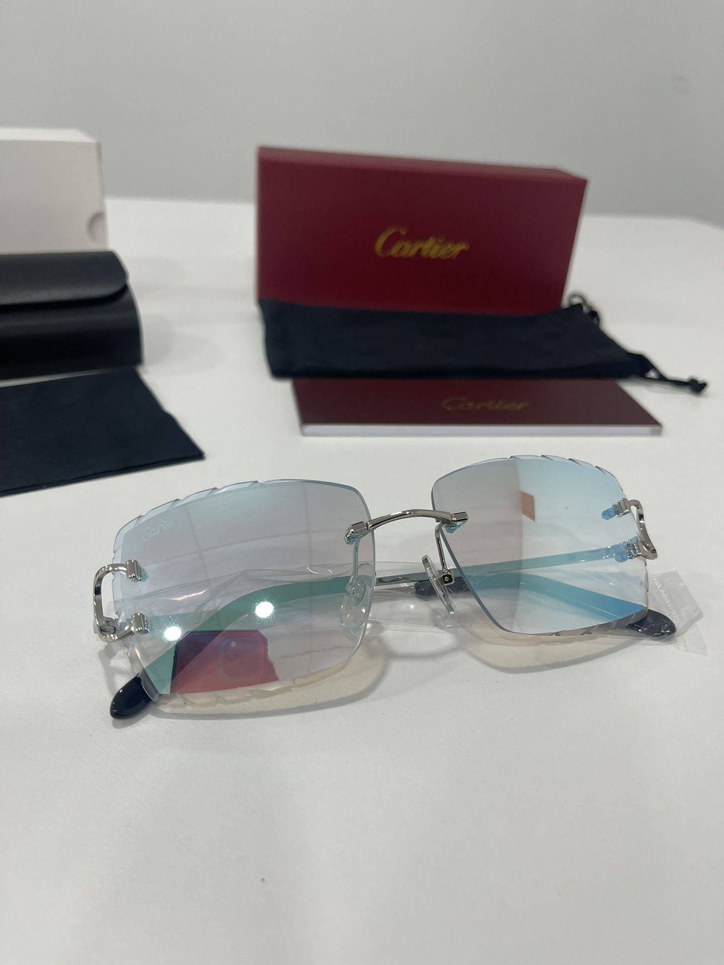 Cartier Glasses (Diamond Cut), Mirror Blue Lense, Silver Frame