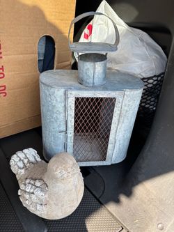 Galvanized Metal Candle Lantern and bird sculpture